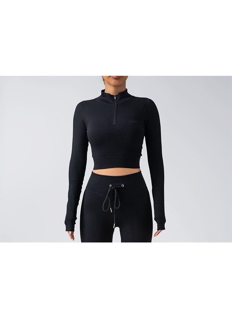 Generic - Seamless Yoga Set Zip Jacket Drawstring Pants Black Top - Image 1