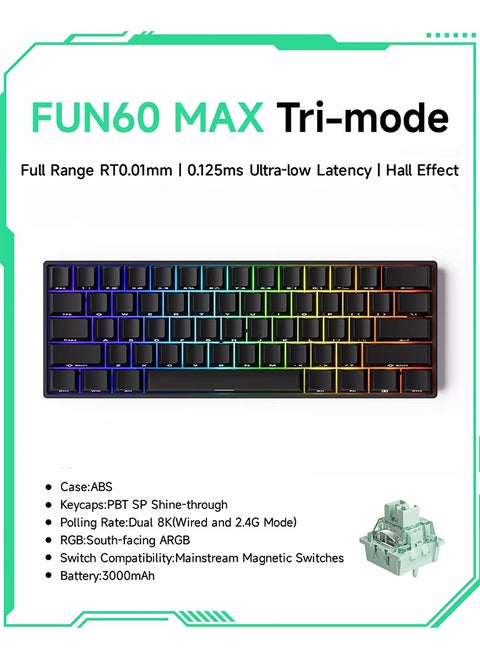 Akko MONSGEEK FUN60 MAX Rapid Trigger Gaming Keyboard, Tri-modes 8k Dual-Mode, SP Magnetic Switch HE Keyboard Wired 60% Black ,PBT side engraved keycaps, Gradient Shine-Through (Glare Magnetic Switch)