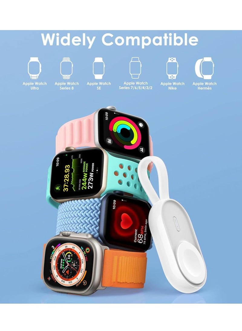 شاحن محمول متوافق مع ساعة آبل سلسلة 9/8/SE/UItra/7/6/5/4/3/2/1، بطارية شاحن لاسلكي بقدرة 1200 مللي أمبير مدمجة مع كابل إدخال وسلسلة مفاتيح لإكسسوارات السفر (أبيض) - Image 4