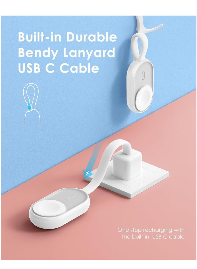 شاحن محمول متوافق مع ساعة آبل سلسلة 9/8/SE/UItra/7/6/5/4/3/2/1، بطارية شاحن لاسلكي بقدرة 1200 مللي أمبير مدمجة مع كابل إدخال وسلسلة مفاتيح لإكسسوارات السفر (أبيض) - Image 5