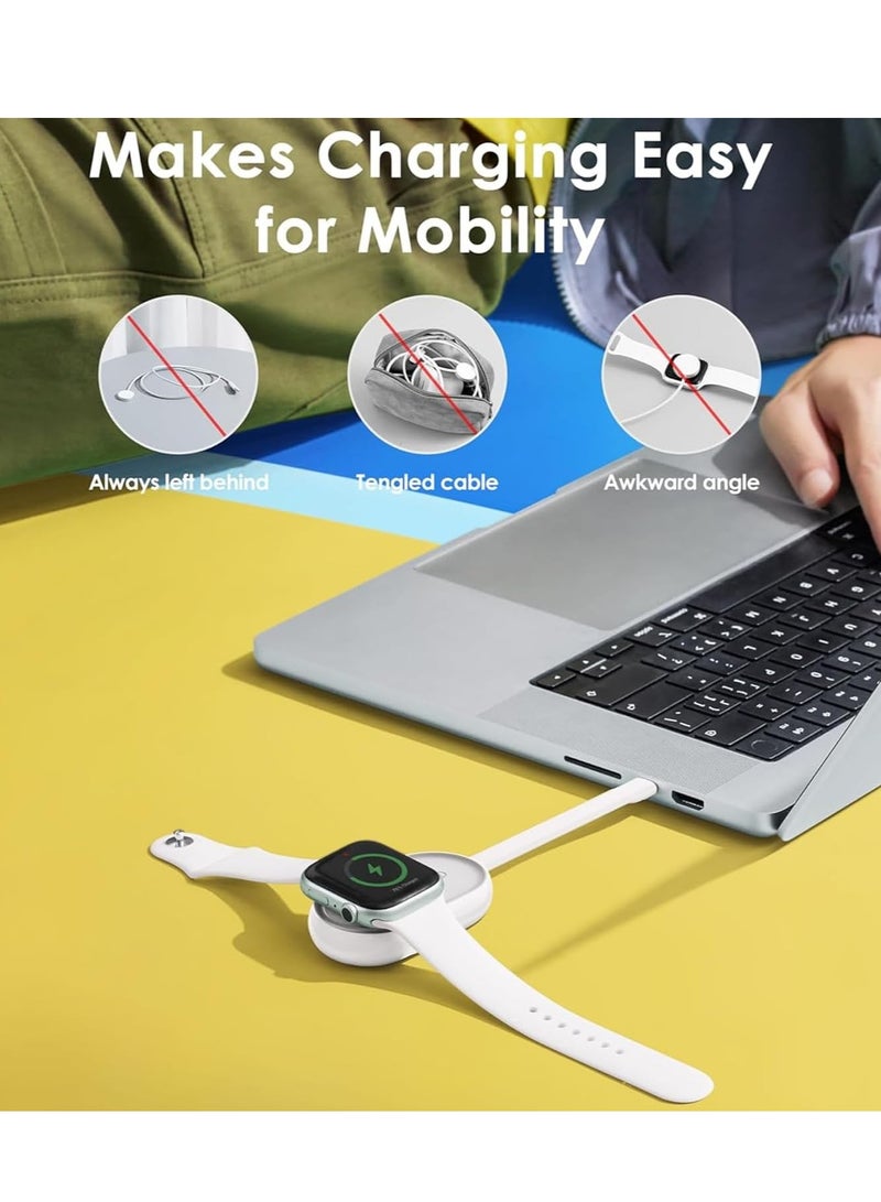 شاحن محمول متوافق مع ساعة آبل سلسلة 9/8/SE/UItra/7/6/5/4/3/2/1، بطارية شاحن لاسلكي بقدرة 1200 مللي أمبير مدمجة مع كابل إدخال وسلسلة مفاتيح لإكسسوارات السفر (أبيض) - Image 3