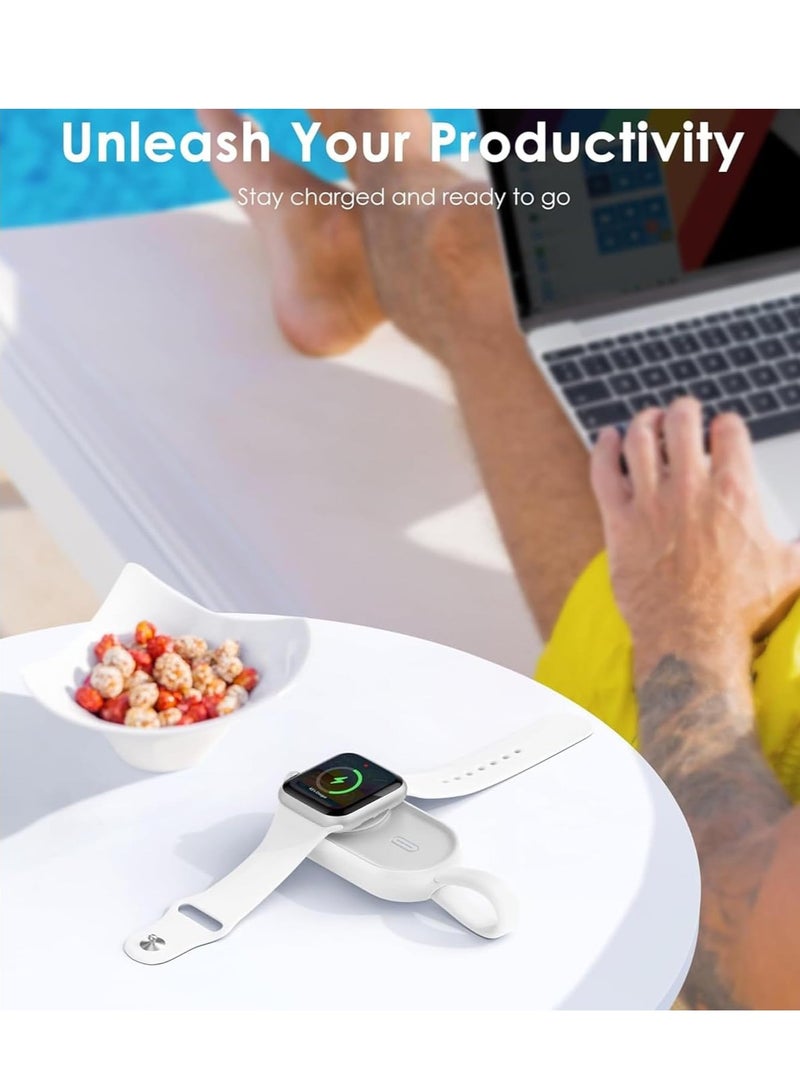 شاحن محمول متوافق مع ساعة آبل سلسلة 9/8/SE/UItra/7/6/5/4/3/2/1، بطارية شاحن لاسلكي بقدرة 1200 مللي أمبير مدمجة مع كابل إدخال وسلسلة مفاتيح لإكسسوارات السفر (أبيض) - Image 2