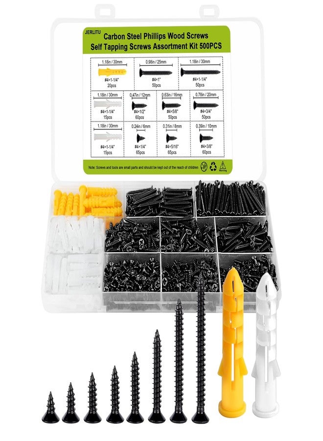 JERLITU 500 Pcs #4 Flat Head Wood Screws Kit - Black Oxide Phillips Drive, 8 Sizes (1/4" to 1-1/4") with 50 M6 Anchors & Storage Case, for Indoor Furniture, DIY Crafts & Cabinet Assembly. - Image 1