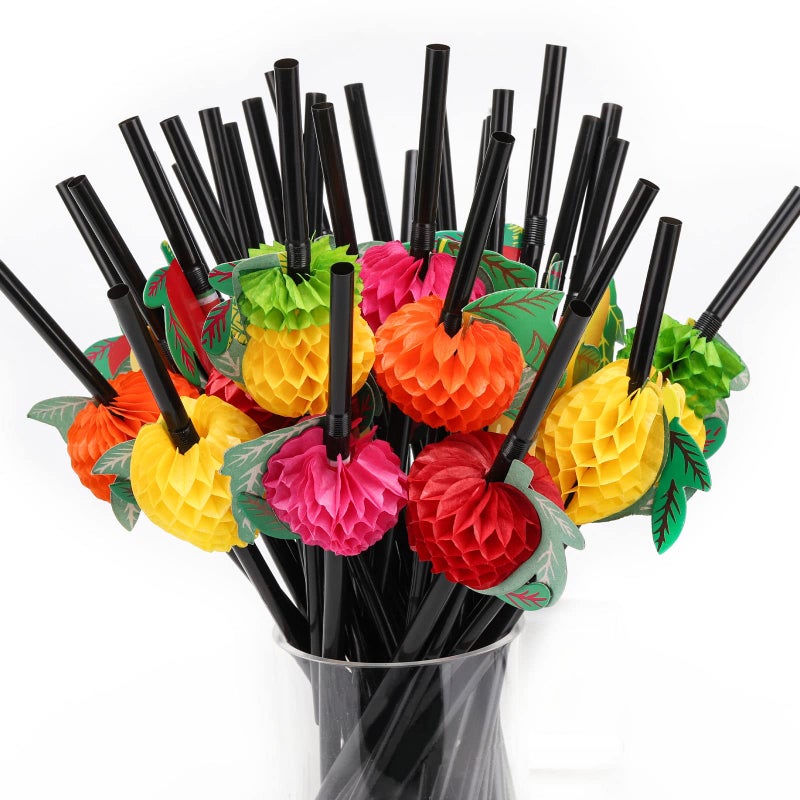 Tecbeauty 100pcs Fruit Drinking Straws Disposable Honeycomb Plastic Straws Tropical Hawaiian Beach Cocktail Pool Luau Party Decorations Supplies