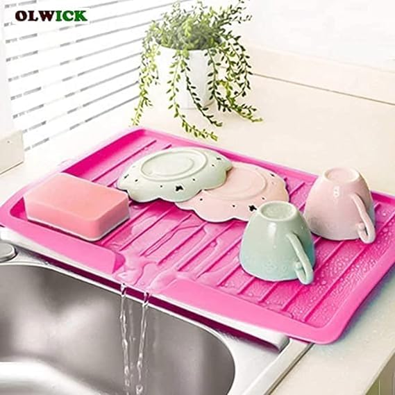 HomeAra 1 PCS Premium Plastic Sink Dish Drainer Draining Tray Drain Board Side Drip Sloping Kitchen Sink Rack Holder for Fruit Vegetables Pots Pans Glass Bowls Drain Pink - Image 4