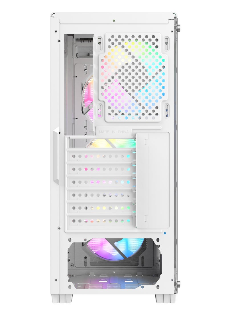 SHARX CASE RAZORFIN  ARGB ATX PC Case With Front Mesh Panel (R-200W), 4 x 120mm Pre-Installed Fans, Remote Controller, Glass Side Panel,Ports Type C*1/ USB3.0 *1/ USB2.0 *2 Buttons:Power/Reset/LED.