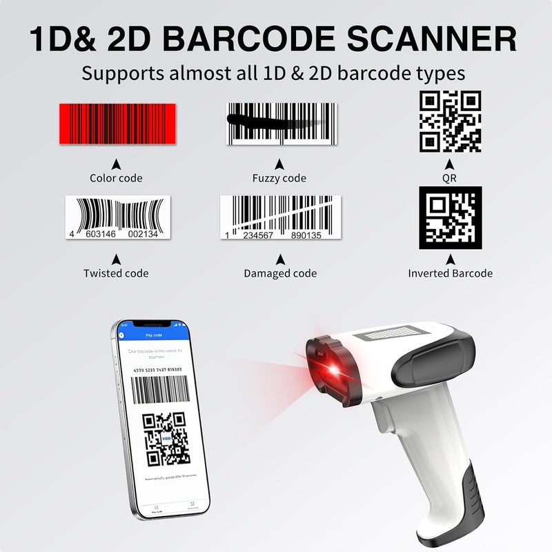 symcode 2D Handheld Wireless Barcode Scanner with Stand 3-in-1 Bluetooth bar Code Scanners - Cordless, Rechargeable 1D and 2D Barcode Scanner for Inventory - Wireless, Handheld, USB Bar Code/QR Code Scanner - Image 2