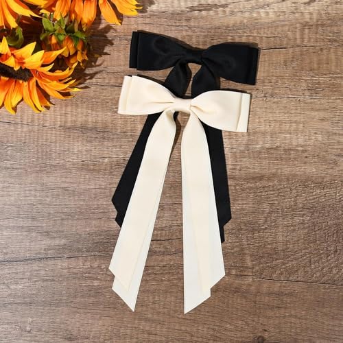 FAMEZA 2pcs Solid Silky Satin Hair Bows for Women, Ribbon Clip with Long Tail, Red and Black Hair Bow Hair Accessories, Bow for Hair for Women Girls Gifts|BLACK&WHITE COLOR - Image 3