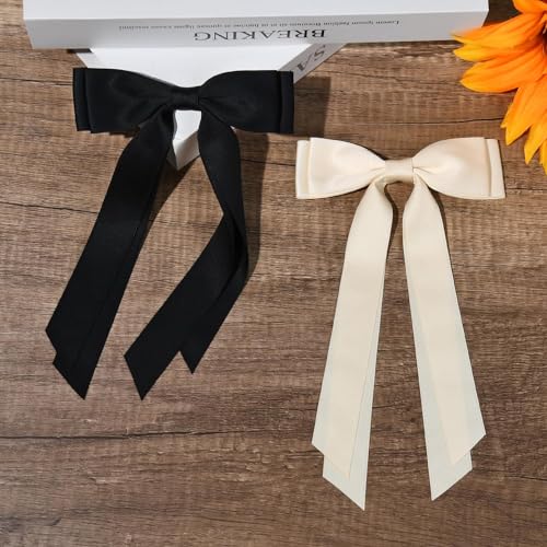 FAMEZA 2pcs Solid Silky Satin Hair Bows for Women, Ribbon Clip with Long Tail, Red and Black Hair Bow Hair Accessories, Bow for Hair for Women Girls Gifts|BLACK&WHITE COLOR - Image 2
