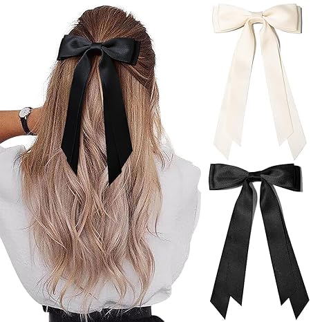 FAMEZA 2pcs Solid Silky Satin Hair Bows for Women, Ribbon Clip with Long Tail, Red and Black Hair Bow Hair Accessories, Bow for Hair for Women Girls Gifts|BLACK&WHITE COLOR - Image 1