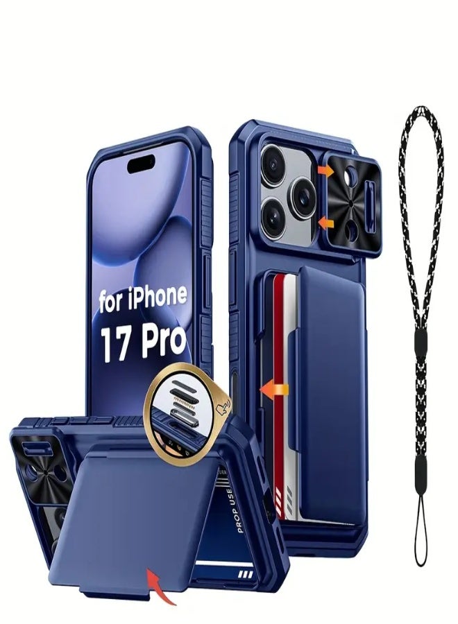 AROAQ Case for iPhone 17 Pro – Wallet Cover with Lanyard, Built-in Card Holder (4-5 Cards), Slide Lens Camera Cover & Capture Button, Retro Durable Protective Case - Blue - Image 1