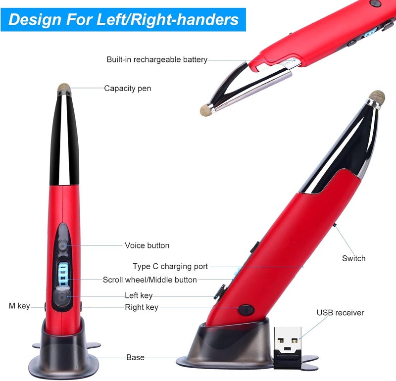 lychee Optical Pocket Pen Mouse with Voice Control and Bluetooth Function, Wireless Handwriting Mini Mice for PC Laptop Notebook Computer(Red) - Image 5