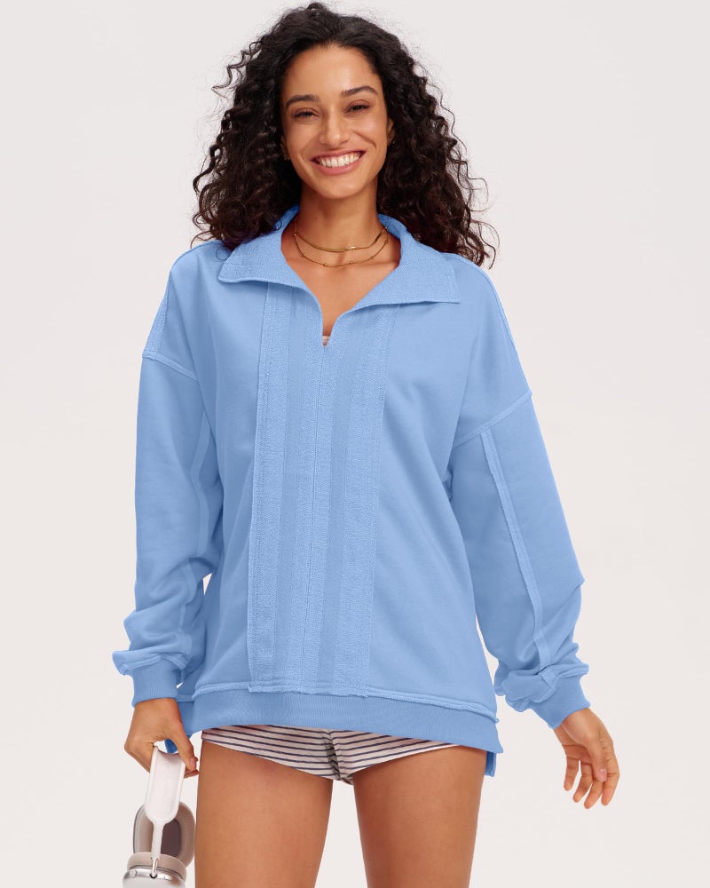 Locachy Women's Casual Oversized Sweatshirt V Neck Long Sleeve Pullover Tops Fashion Outfits Clothes Blue XL - Image 3