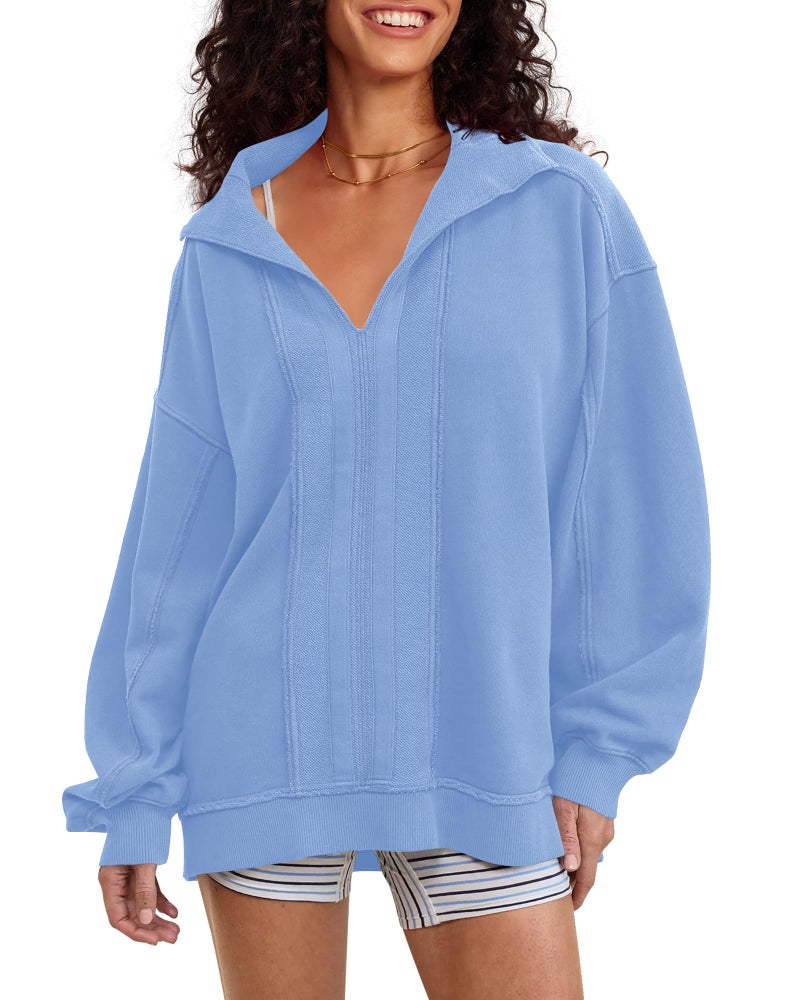 Locachy Women's Casual Oversized Sweatshirt V Neck Long Sleeve Pullover Tops Fashion Outfits Clothes Blue XL - Image 1