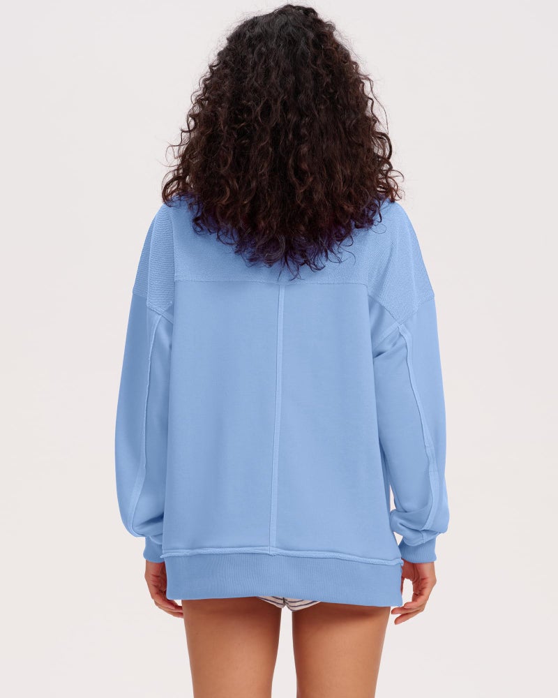 Locachy Women's Casual Oversized Sweatshirt V Neck Long Sleeve Pullover Tops Fashion Outfits Clothes Blue XL - Image 4