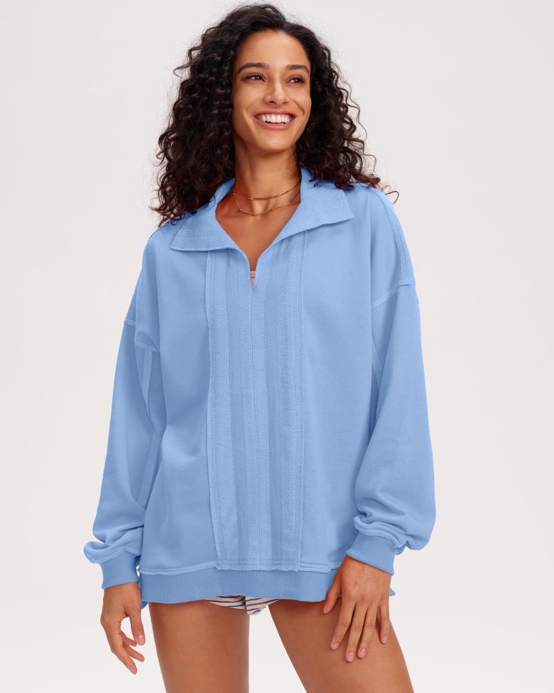 Locachy Women's Casual Oversized Sweatshirt V Neck Long Sleeve Pullover Tops Fashion Outfits Clothes Blue XL - Image 2
