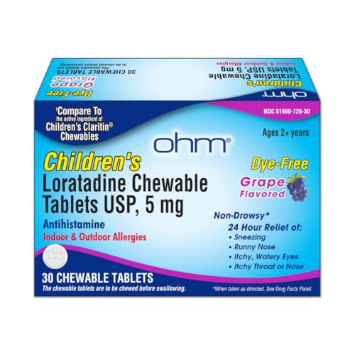 Ohm Children's Allergy Medicine, Loratadine 5mg, Chewable Tablets (30 Count) Grape Flavor, Non-Drowsy Antihistamine, 24-Hour Allergy Relief for Runny Nose, Watery Eyes, Itchy Throat & Nose - Image 1