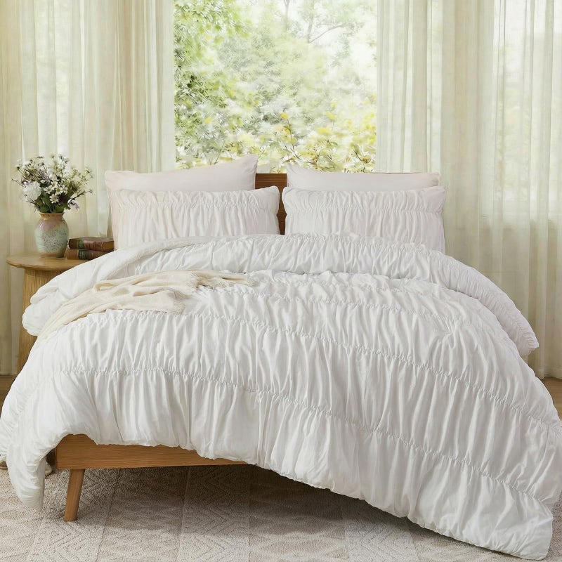 Bedbay White Cotton Wrinkle Duvet Cover,Ruched Bedding Comforter Cover,King Size Duvet Cover 100% Cotton,Bohemian Dorm Bedding Set 3 Pcs 1 Boho Comforter Cover 2 Pillowcases - Image 2