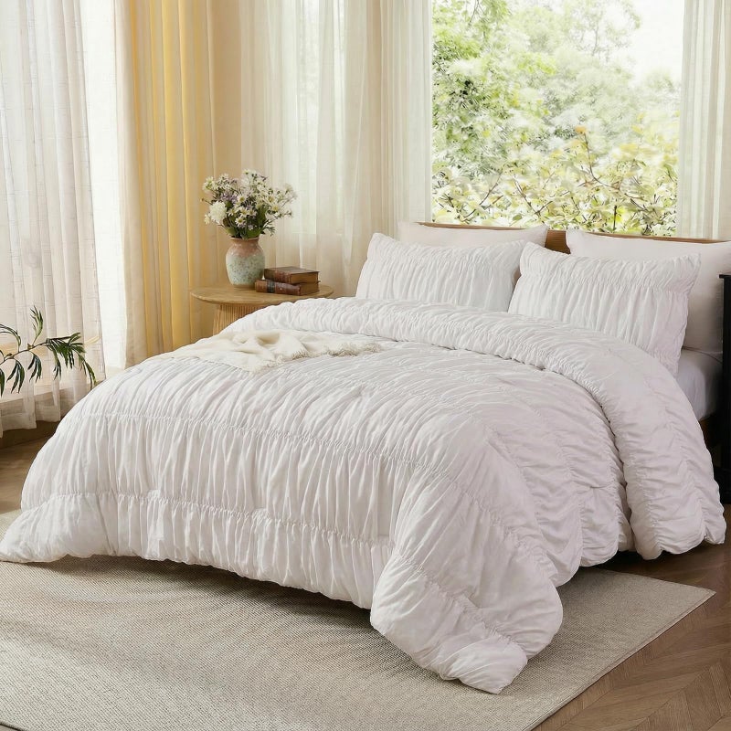 Bedbay White Cotton Wrinkle Duvet Cover,Ruched Bedding Comforter Cover,King Size Duvet Cover 100% Cotton,Bohemian Dorm Bedding Set 3 Pcs 1 Boho Comforter Cover 2 Pillowcases - Image 3