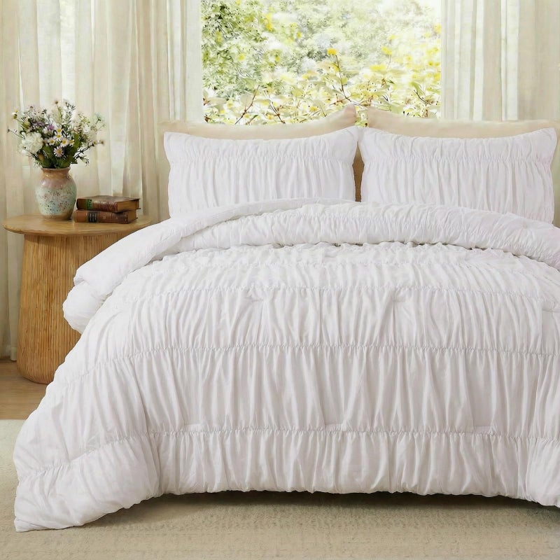 Bedbay White Cotton Wrinkle Duvet Cover,Ruched Bedding Comforter Cover,King Size Duvet Cover 100% Cotton,Bohemian Dorm Bedding Set 3 Pcs 1 Boho Comforter Cover 2 Pillowcases - Image 1