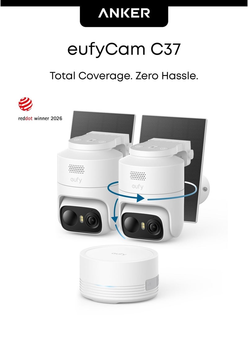 إيوفي eufy Security مجموعة كاميرتين eufyCam C37، كاميرات مراقبة خارجية لاسلكية، تتبّع ذكي بزاوية 360° مع التحريك والإمالة، كاميرات شمسية بدقة 2K، ‏HomeBase Mini، التعرّف على الوجوه، بدون رسوم شهرية، رؤية ليلية ملوّنة. - Image 1