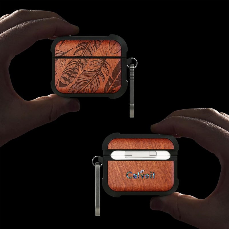 All choice modern design Carveit Wooden Case for AirPods Pro 3 Case (2025), Wood Artisan Engraved & TPU Shockproof Cover, Titanium Quick Released Clasp, Wireless Chargers Compatible (Feathered Array) Rosy Practical design alternatives - Image 2