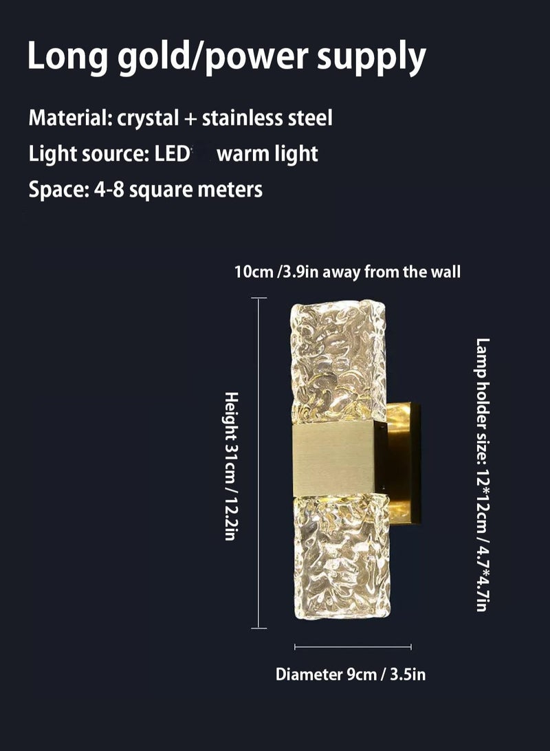 LOOPITYS Golden wall lamp, modern crystal wall lamp, (31cm/12.2 inches high * 9cm/3.5 inches wide, 3000K warm light) LED crystal wall lamp, suitable for bathrooms, dressing tables, bedrooms, living rooms, corridors - Image 3