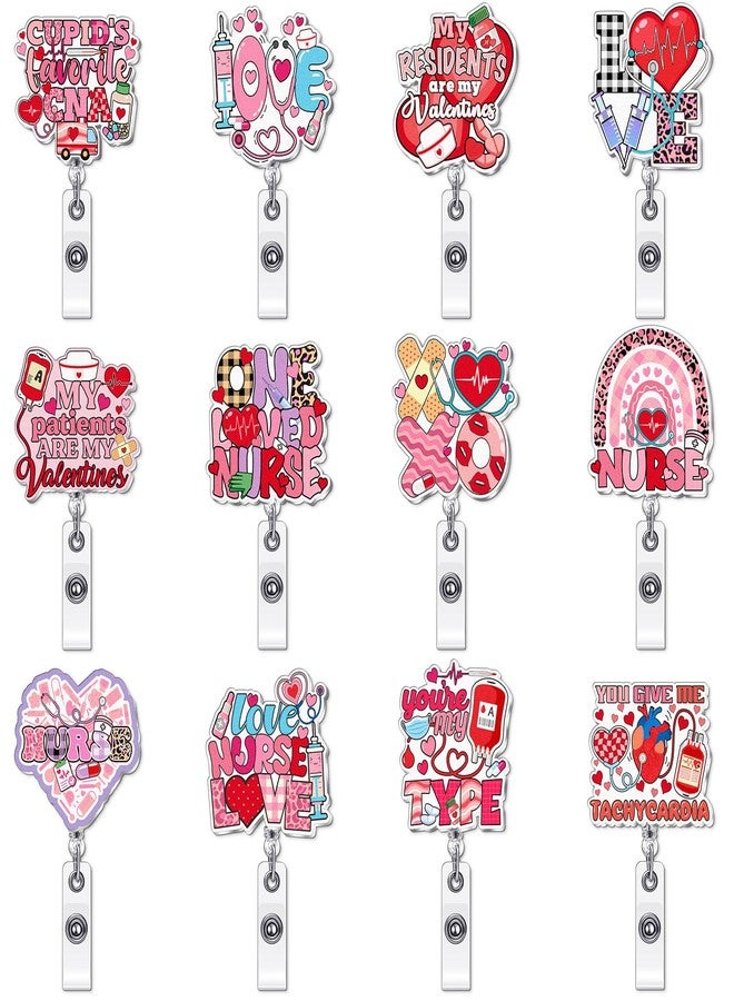 Kigeli 12 Pcs Valentine's Day Badge Reel Cute Nurse Badge Reel Retractable Name ID Holder with Alligator Clip Nursing Name Tag Clip for Doctors Wife Husband Student Worker - Image 1