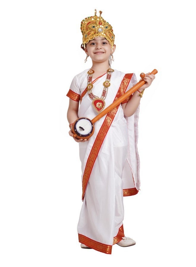 Kaku Fancy Dresses Silk,Polyester Devi Saraswati White Saree For Girls | Ready To Wear Saree | Mythological Godess Costume With Accessories - 7-8 Years - Image 1
