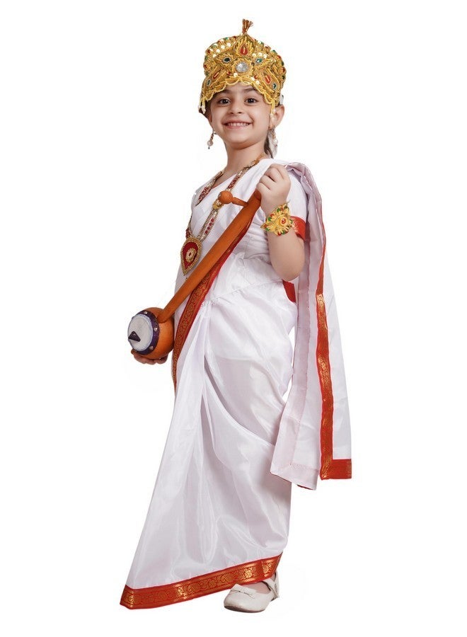Kaku Fancy Dresses Silk,Polyester Devi Saraswati White Saree For Girls | Ready To Wear Saree | Mythological Godess Costume With Accessories - 7-8 Years - Image 4