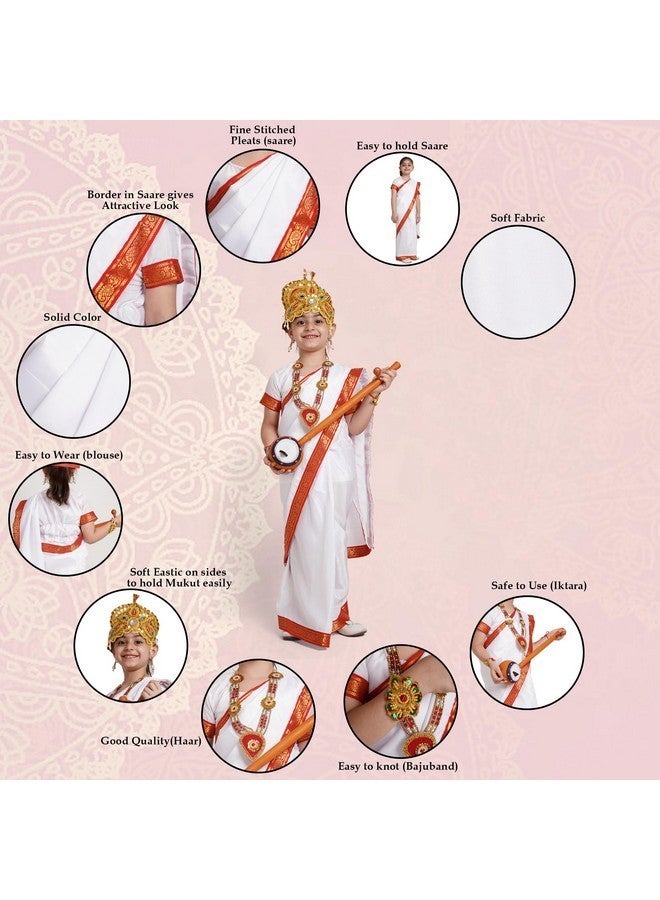 Kaku Fancy Dresses Silk,Polyester Devi Saraswati White Saree For Girls | Ready To Wear Saree | Mythological Godess Costume With Accessories - 7-8 Years - Image 2