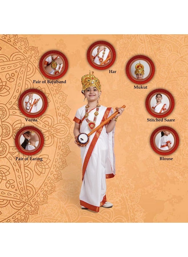 Kaku Fancy Dresses Silk,Polyester Devi Saraswati White Saree For Girls | Ready To Wear Saree | Mythological Godess Costume With Accessories - 7-8 Years - Image 3