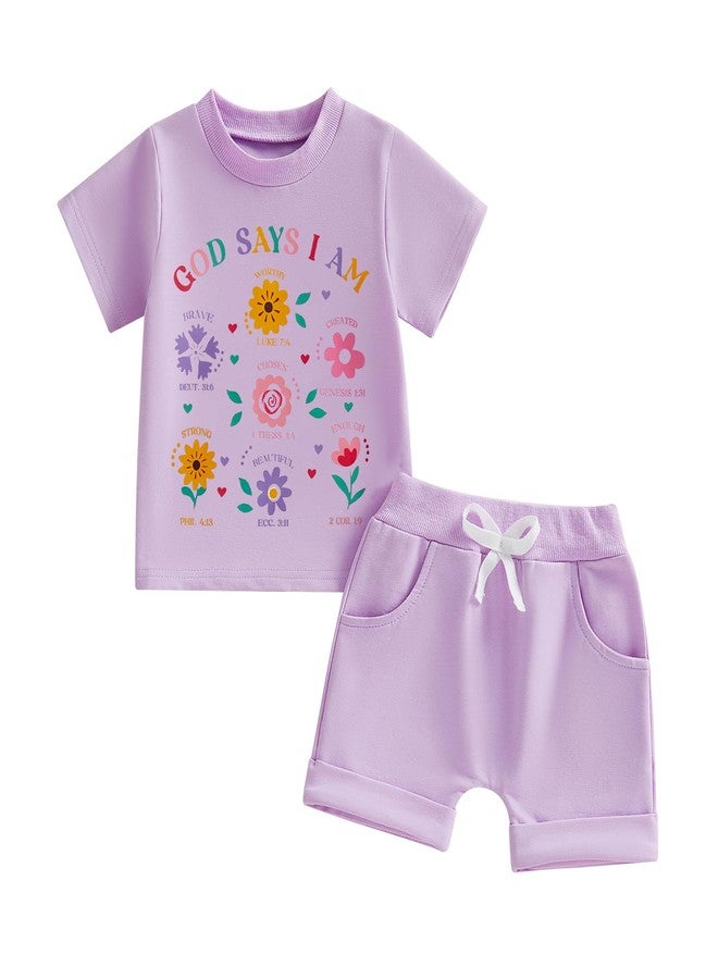 Fernvia Toddler Baby Girl Summer Clothes Floral Letters Print Short Sleeve T-Shirt Tops Solid Shorts Outfit Set (Floral Purple, 2-3T) - Image 1
