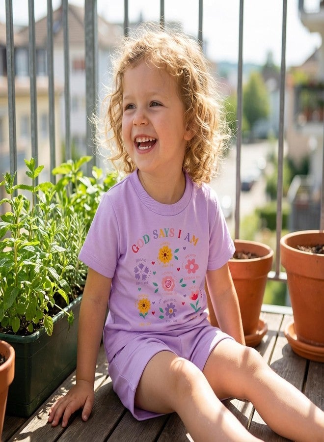 Fernvia Toddler Baby Girl Summer Clothes Floral Letters Print Short Sleeve T-Shirt Tops Solid Shorts Outfit Set (Floral Purple, 2-3T) - Image 2