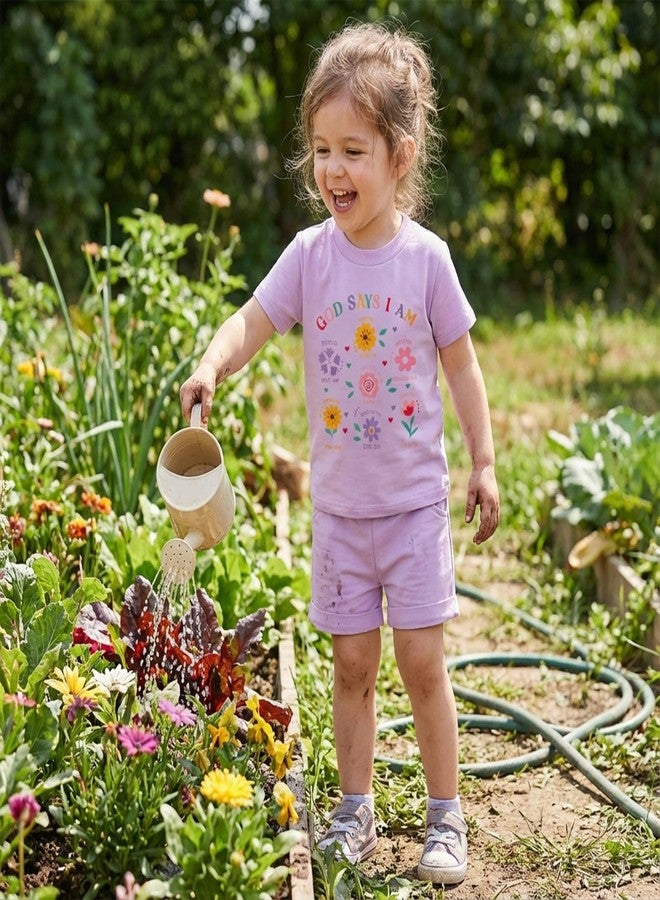 Fernvia Toddler Baby Girl Summer Clothes Floral Letters Print Short Sleeve T-Shirt Tops Solid Shorts Outfit Set (Floral Purple, 2-3T) - Image 3