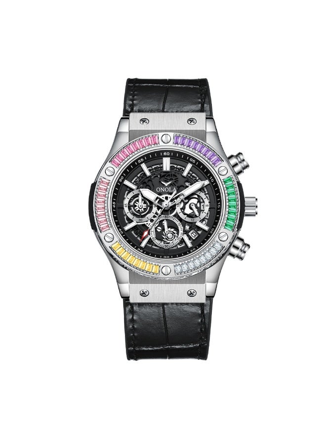 أونولا ساعة كوارتز أنيقة متعددة الوظائف مقاومة للماء من الجلد الأصلي ومرصعة بالألماس بألوان قوس قزح