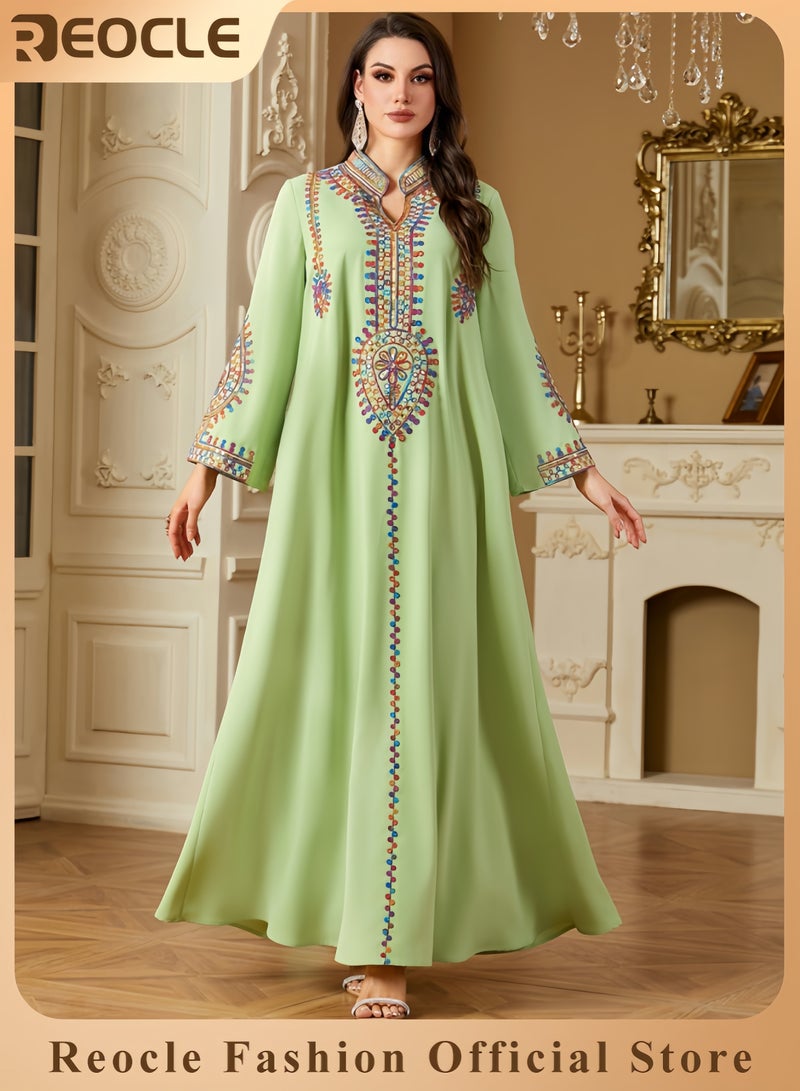 REOCLE Women's Elegant Embroidered Kaftan Dress Luxury Maxi Abaya Flowing Moroccan Robe Modest Evening Dress for Special Occasions  - Image 1