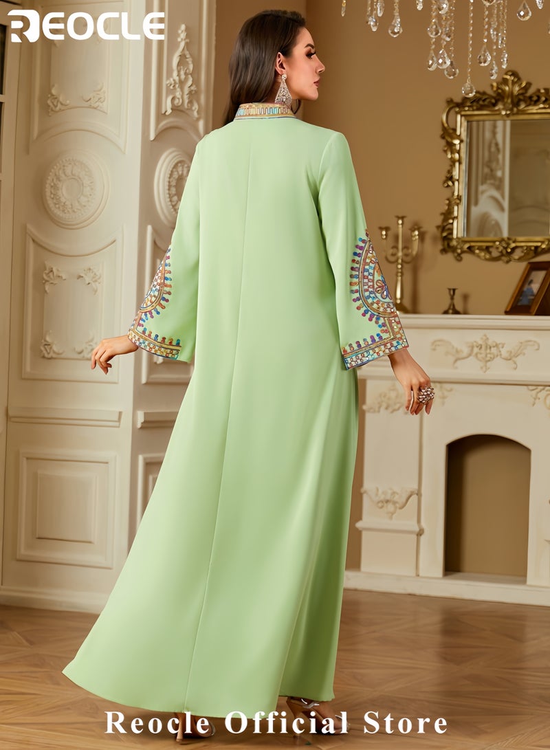 REOCLE Women's Elegant Embroidered Kaftan Dress Luxury Maxi Abaya Flowing Moroccan Robe Modest Evening Dress for Special Occasions  - Image 5