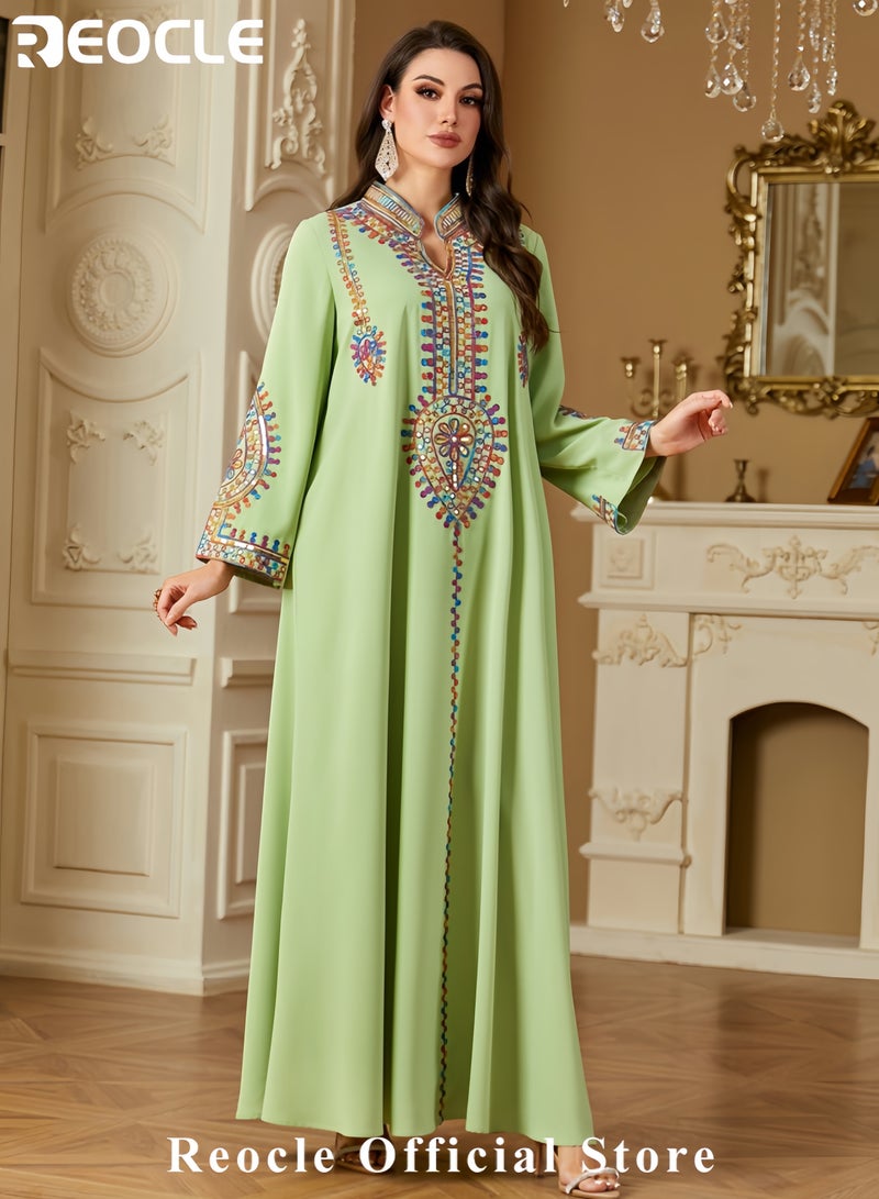REOCLE Women's Elegant Embroidered Kaftan Dress Luxury Maxi Abaya Flowing Moroccan Robe Modest Evening Dress for Special Occasions  - Image 3
