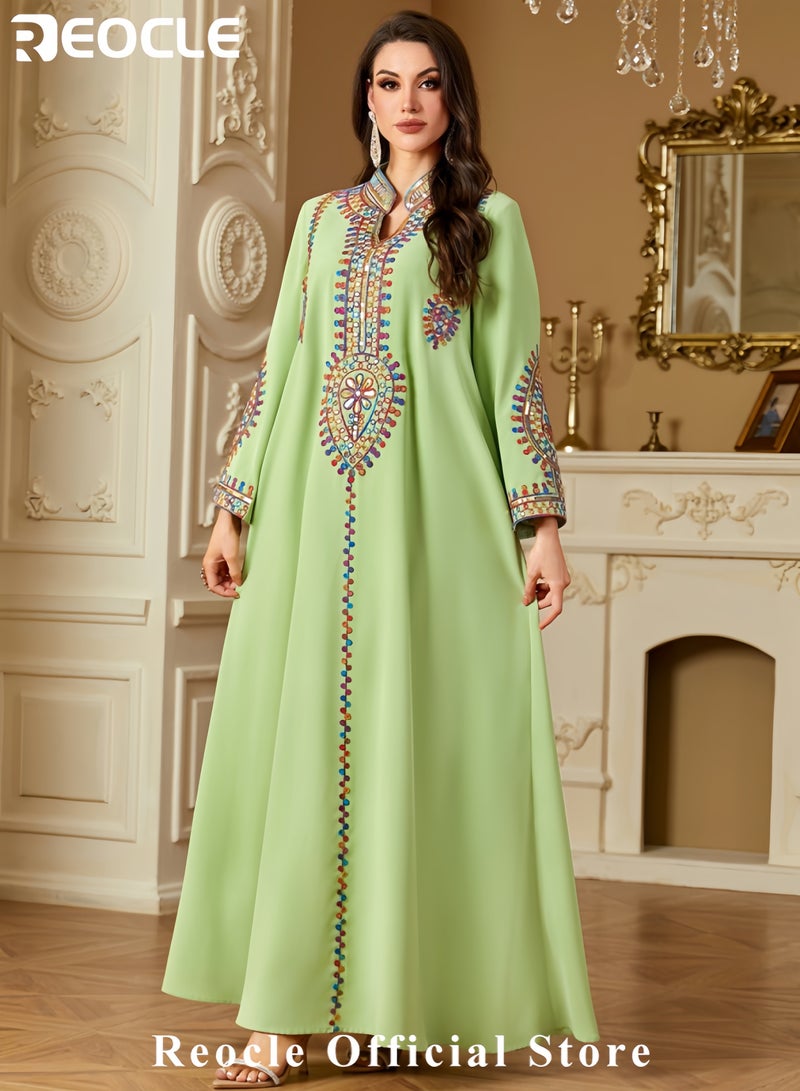REOCLE Women's Elegant Embroidered Kaftan Dress Luxury Maxi Abaya Flowing Moroccan Robe Modest Evening Dress for Special Occasions  - Image 4