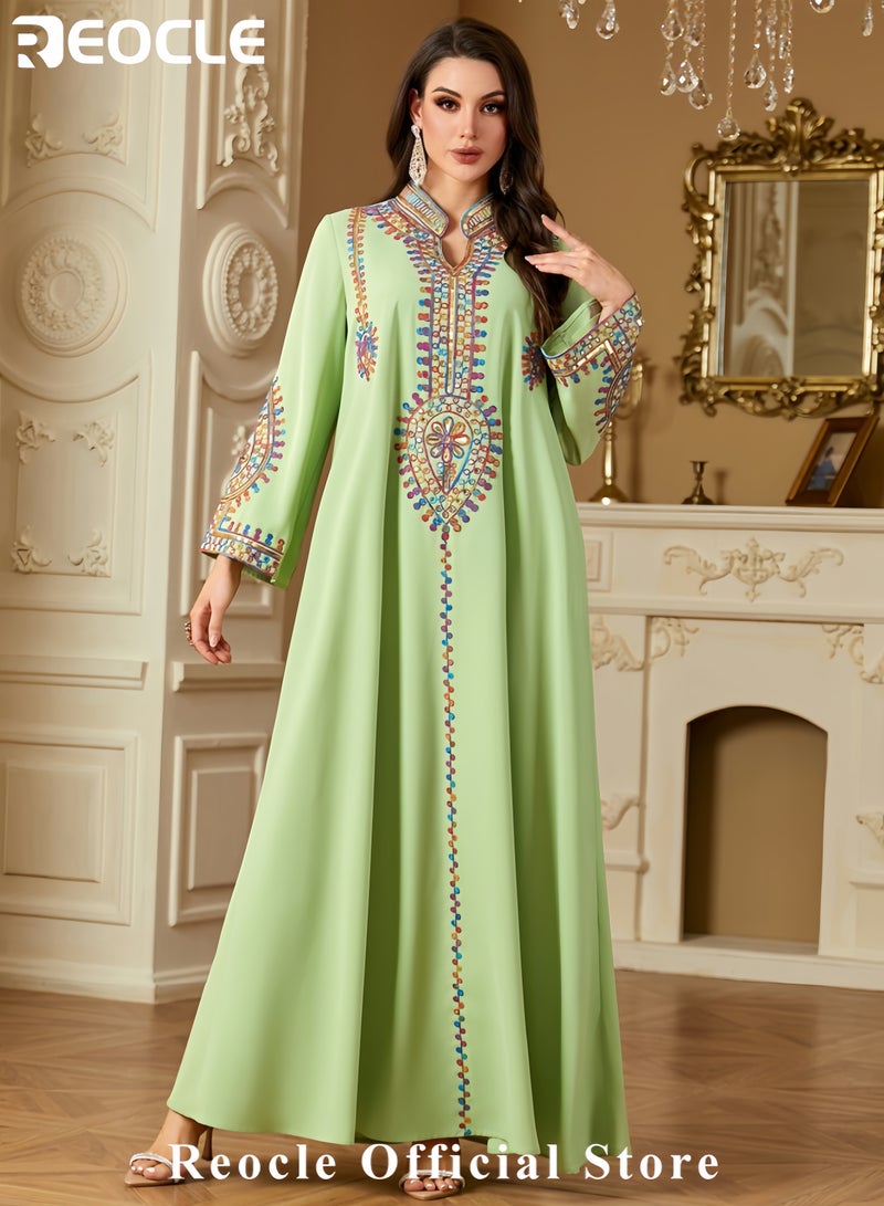 REOCLE Women's Elegant Embroidered Kaftan Dress Luxury Maxi Abaya Flowing Moroccan Robe Modest Evening Dress for Special Occasions  - Image 2