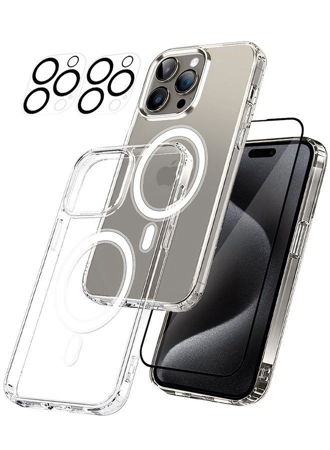 CATANES 4 Packs For iPhone 15 Pro Case and Screen Protector and 2 Camera Lens Protectors Transparent Case MagSafe Compatible with Built-in Magnets Ultra Durable with Grade Drop Protection - Image 1
