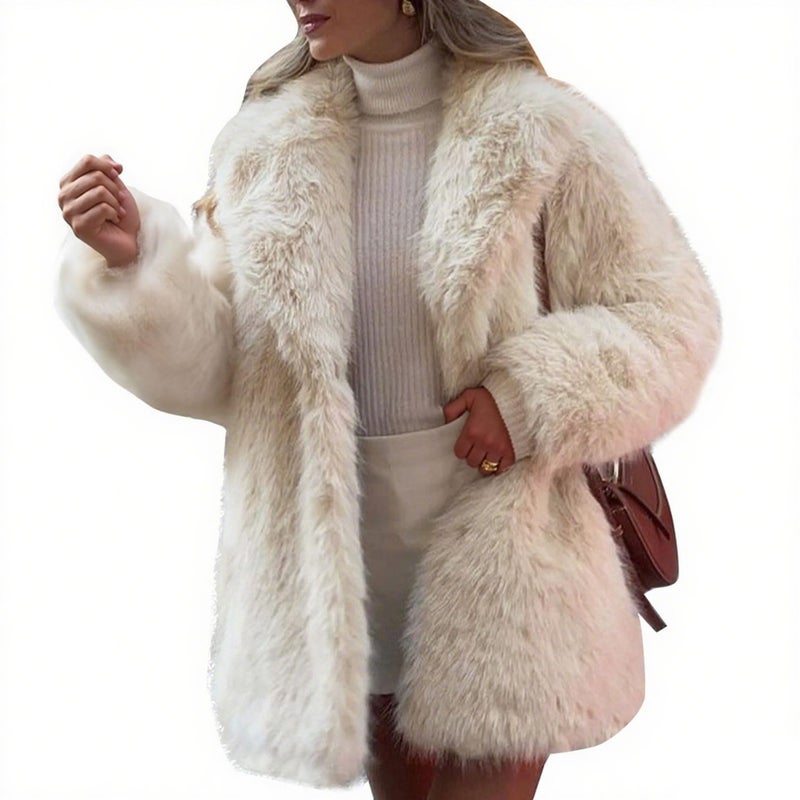 Flygo Womens Long Faux Fur Coats Fluffy Faux Fur Jacket Long Sleeve Lapel Furry Coats Fuzzy Winter Jacket(Beige-L) - Image 1