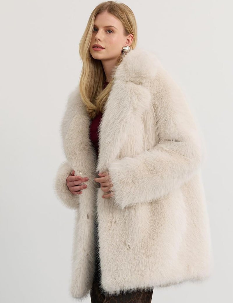 Flygo Womens Long Faux Fur Coats Fluffy Faux Fur Jacket Long Sleeve Lapel Furry Coats Fuzzy Winter Jacket(Beige-L) - Image 4