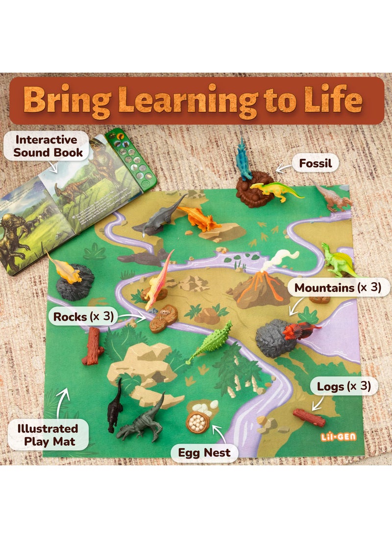 Li'l-Gen Li'l-Gen Dinosaur Toys for Boys & Girls, Kids 3+ - 12 Realistic Looking 7” Dinosaur Toy Figures with Interactive Sound Book, Activity Play Mat, Tree Figures, and Rocks - Educational Children Play Set  - Image 3