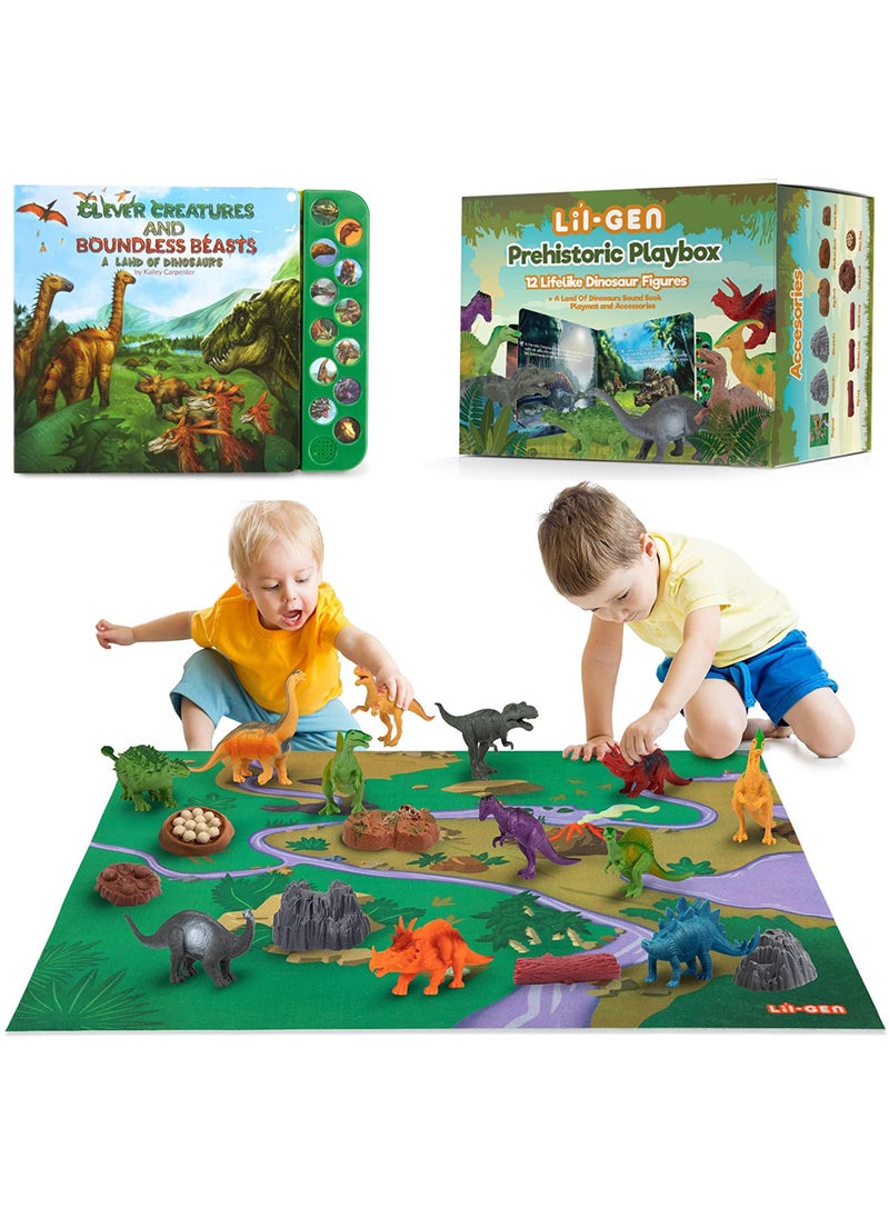 Li'l-Gen Li'l-Gen Dinosaur Toys for Boys & Girls, Kids 3+ - 12 Realistic Looking 7” Dinosaur Toy Figures with Interactive Sound Book, Activity Play Mat, Tree Figures, and Rocks - Educational Children Play Set  - Image 1