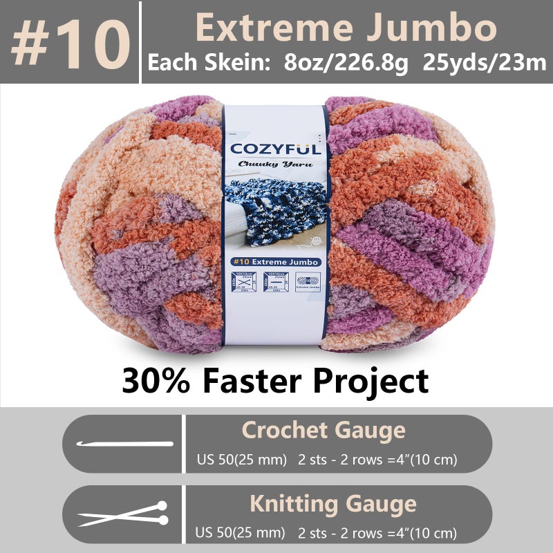 Cozyful Chunky Yarn for Hand Knitting - #10 Chunky Chenille Blanket Yarn, Jumbo Big Thick Chunky Yarns for Crocheting, Tie Dye Bulky Knit Yarns, 8 Skein (25 yds 8 oz Each Skein), Purple & Orange - Image 2