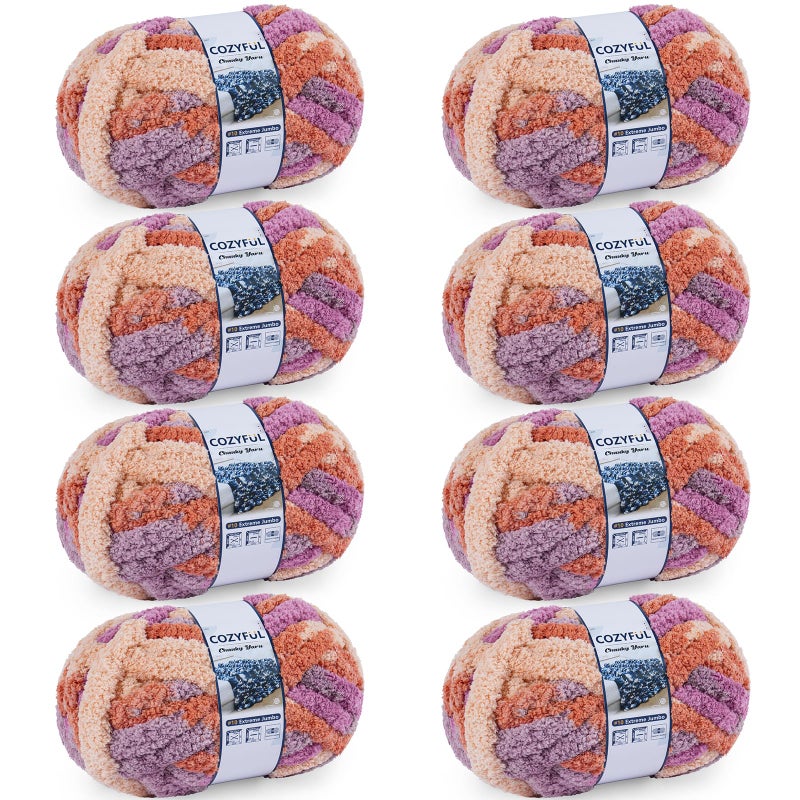Cozyful Chunky Yarn for Hand Knitting - #10 Chunky Chenille Blanket Yarn, Jumbo Big Thick Chunky Yarns for Crocheting, Tie Dye Bulky Knit Yarns, 8 Skein (25 yds 8 oz Each Skein), Purple & Orange - Image 1