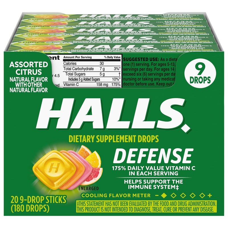 Halls حلوى هولز ديفينس بنكهة الحمضيات المتنوعة مع فيتامين سي 20 علبة تحتوي على 9 قطرات 180 قطرة إجمالاً - Image 1