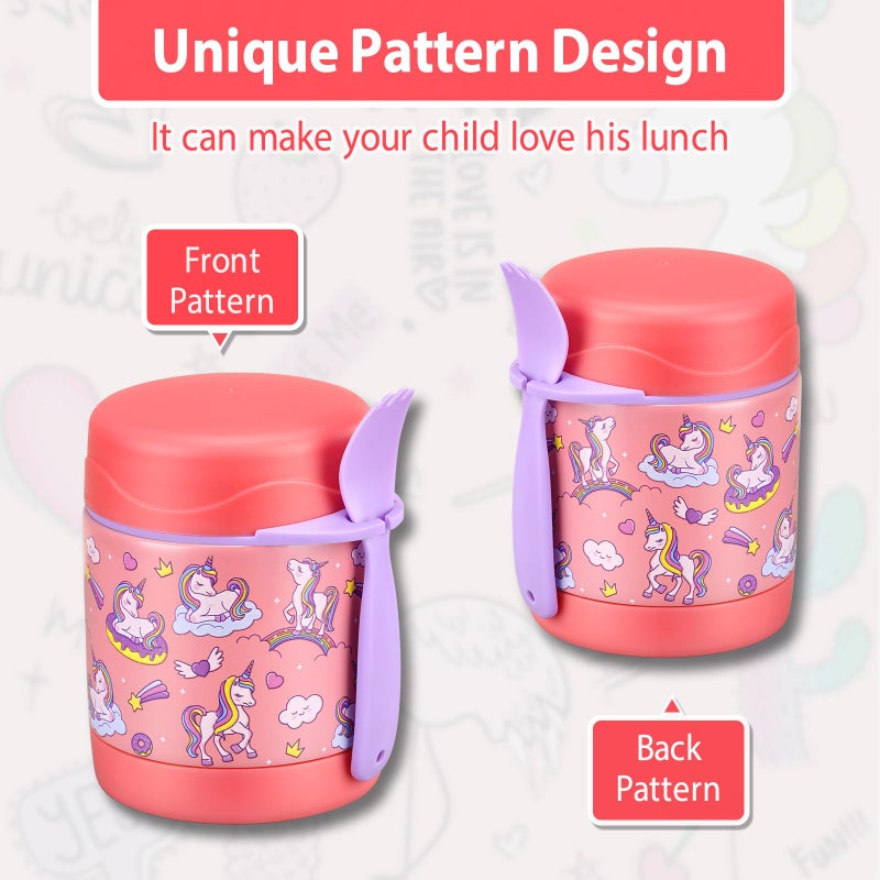 Howeemo Kids' Lunch Insulated Food Jar with Spoon - 10oz Stainless Steel, Leak Proof, Wide Mouth, Hot Food Thermo for School (Pink, Unique Horse) - Image 2
